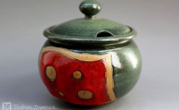 Töpferei Dambeck - Steinzeug grün-rot Zuckerdose